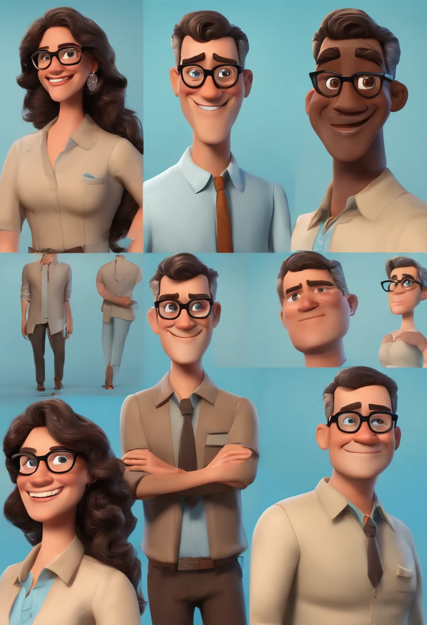 Homem 40 anos, cabelos castanhos curtos baixo e meio arrepiado, olhos castanhos, long eyeslashes, sorriso discreto, camisa azul claro, Dress pants, Prescription Glasses, inspired by Pixar animation, de perto. The character takes center stage with captivating facial expressions, oferecendo um toque de irrealidade