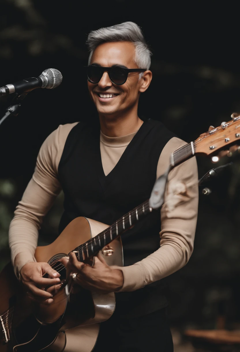 A man standing playing guitar in black t-shirt with long sleeve turtleneck, Beige pants with side pocket, white sneakers, sorridente, cabelos pretos e cacheados, Wearing Round Iron Glasses, orelhas pequenas, Estilo Disney Pixar, alta qualidade, melhor qualidade 4K
