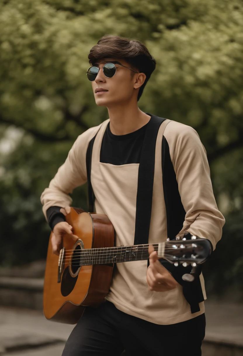A man standing playing guitar in black t-shirt with long sleeve turtleneck, Beige pants with side pocket, white sneakers, sorridente, cabelos pretos e cacheados, Wearing Round Iron Glasses, orelhas pequenas, Estilo Disney Pixar, alta qualidade, melhor qualidade 4K