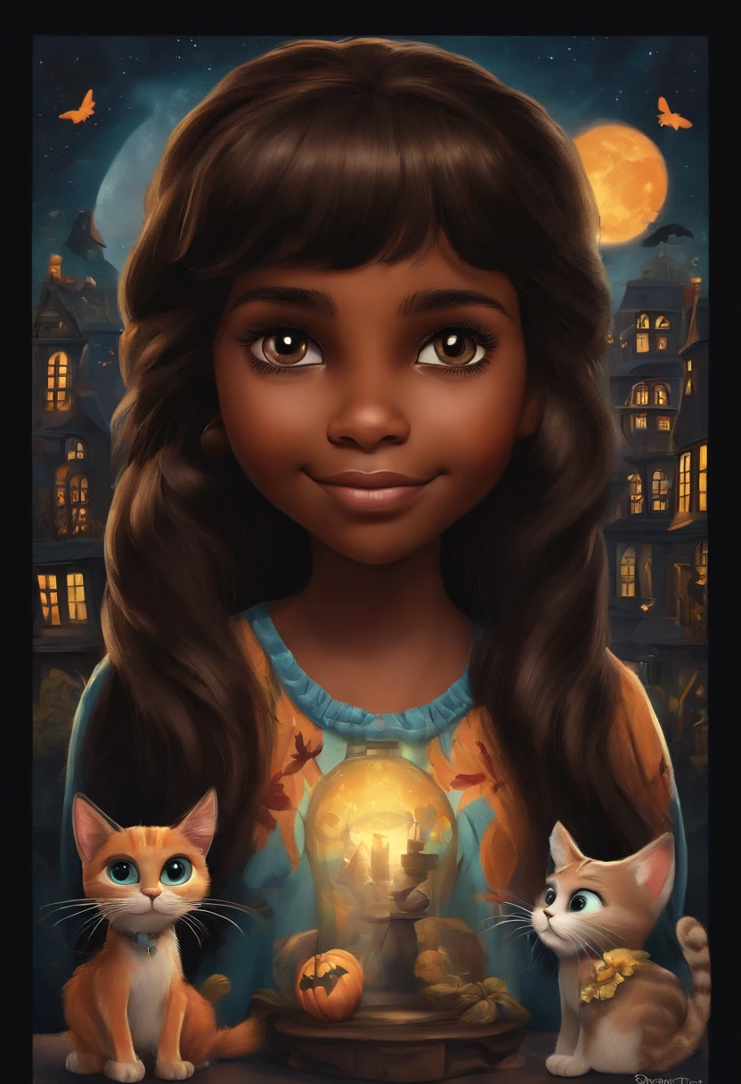Image of a 10 year old girl inspired by Pixar who is manipulating infusions. The character is a Brazilian woman with medium-tone dark skin, has long hair with bangs, brown eyes and hair, stands out with captivating facial expressions, celebrates Halloween, is accompanied by two cats, one black and the other white.