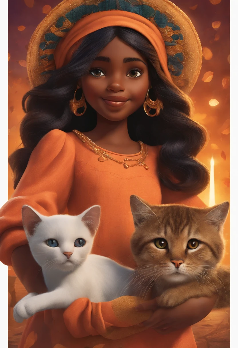 Image of a  girl inspired by Pixar who is manipulating infusions. The character is a Brazilian woman with medium-tone dark skin, has long hair with bangs, brown eyes and hair, stands out with captivating facial expressions, celebrates Halloween, is accompanied by two cats, one black and the other white.