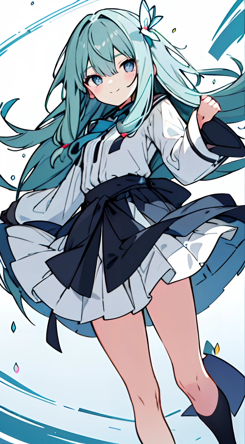 masuter piece, Best Quality,32K、Wallpaper, ultra -detail, Absurd beauty, 1beautiful girl、Big crisp eyes、Hair fluttering in the wind、Slender legs、Make your head smaller、miscievous smile、Angle looking up from below:1.3、♡♡♡、(Poses in motion)、Angle from the waist up only