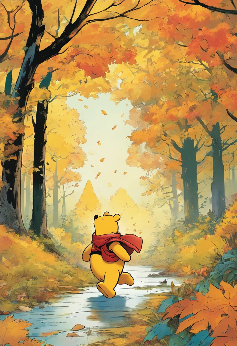 Winnie The Pooh, walking through a fall scene
