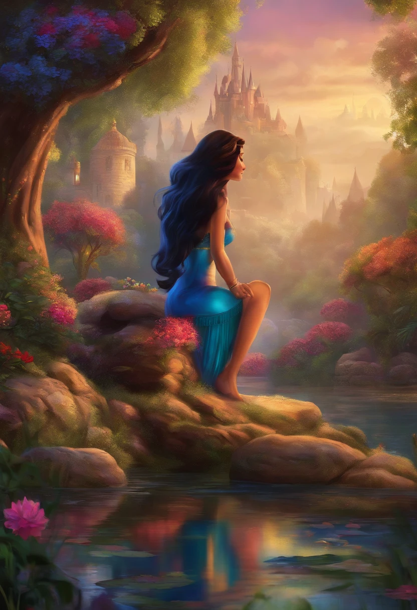 A painting of a woman sitting on a rock in front of a castle - SeaArt AI