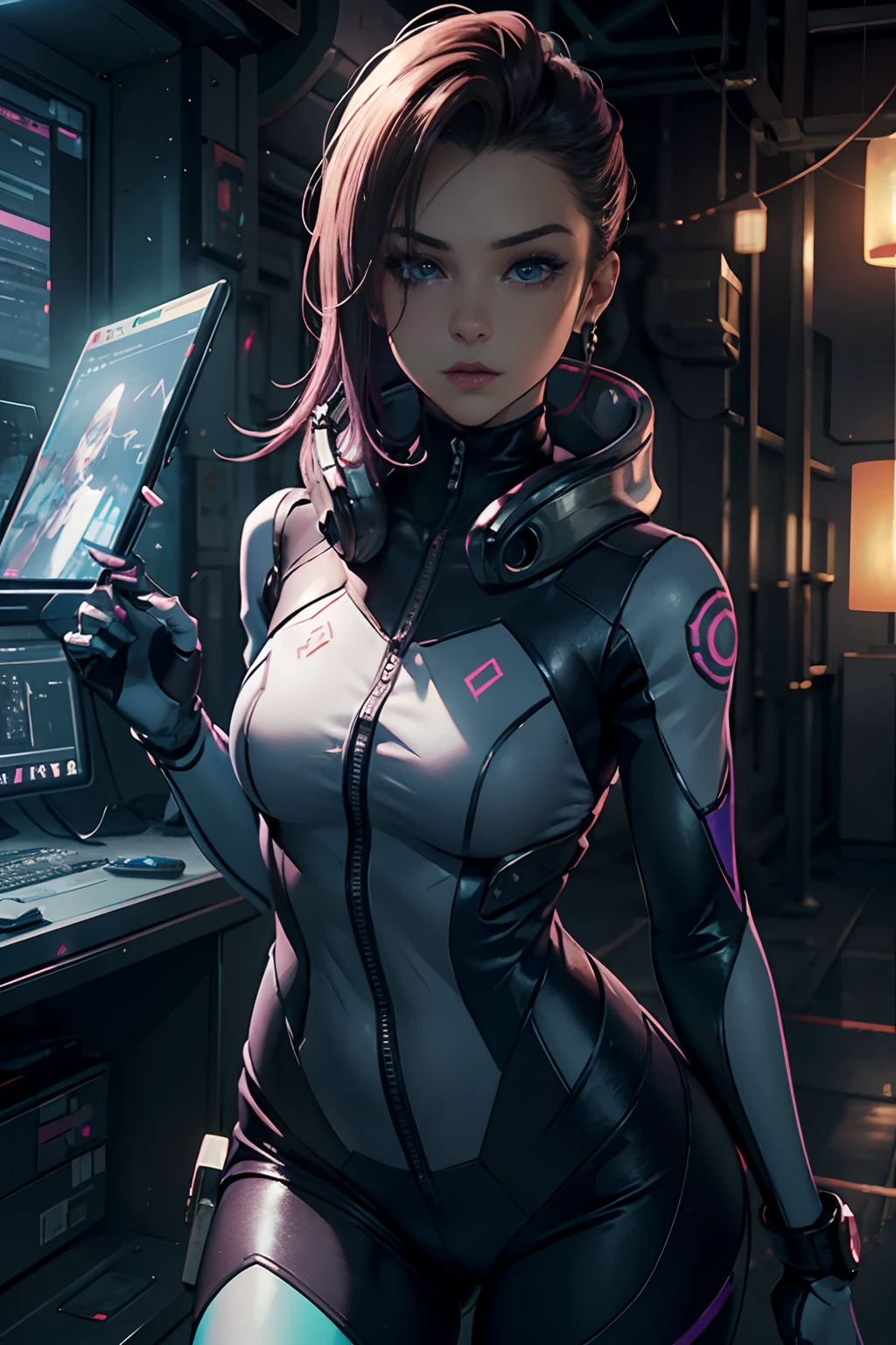 Capture the essence of Sovia, a fierce and futuristic character born from the fusion of Sombra and Samus. Show her in a full-length portrait standing in an alien city, donning a cutting-edge cyber hacker suit that seamlessly blends with her high-tech power suit. Emphasize realistic and detailed elements in the portrait to bring out the intricate design and her confident aura.