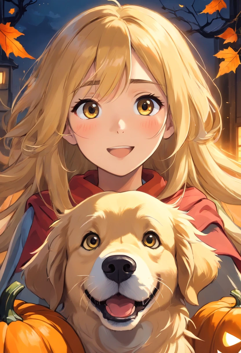 (um Golden Retriever vestindo fantasias de Halloween),oil painting,textura detalhada do pelo,Expressive eyes and facial features,fundo festivo,Playful and naughty pose,(best quality,alta resolução,circunstanciado:1.2),(Realistic,fotorrealista:1.37),paleta colorida,Pumpkin and bat decorations,Soft lighting and Warm