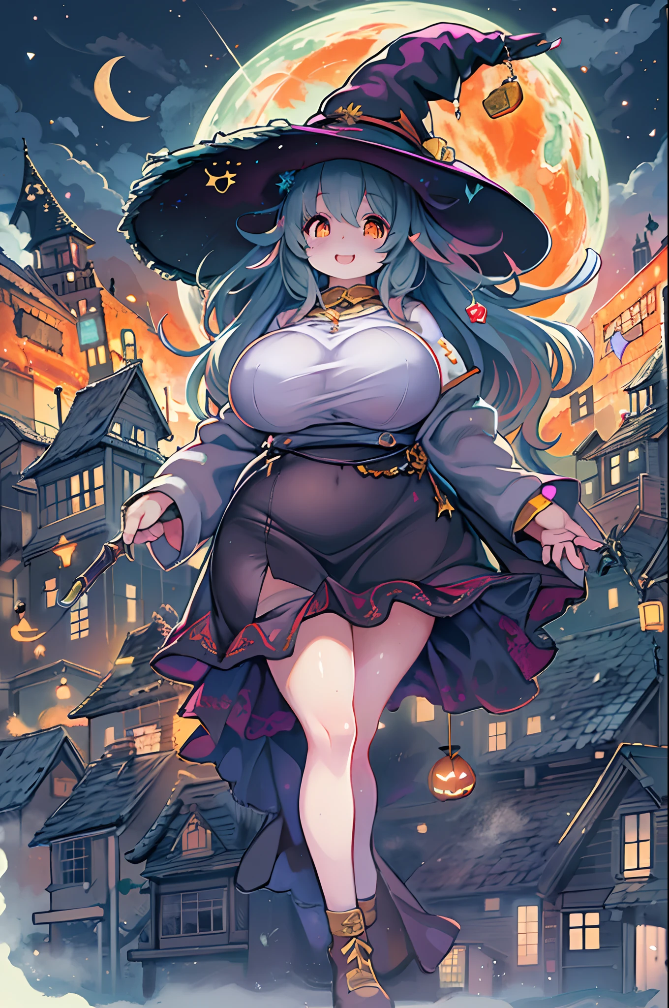 masutepiece,Charming Halloween Witches, Random coloring,2D, planar vector, T-shirt design, Colorful splashes, Fantasy Art, Watercolor effect,Digital Painting, white bg, 8K、night cityscape,bbw,Anime style、huge-breasted、(bbw:1.6)