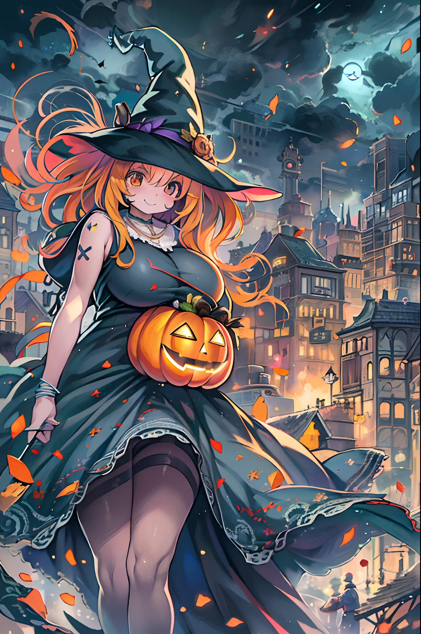 masutepiece,Charming Halloween Witches, Random coloring,2D, planar vector, T-shirt design, Colorful splashes, Fantasy Art, Watercolor effect,Digital Painting, white bg, 8K、night cityscape,bbw,Anime style、huge-breasted、BBW
