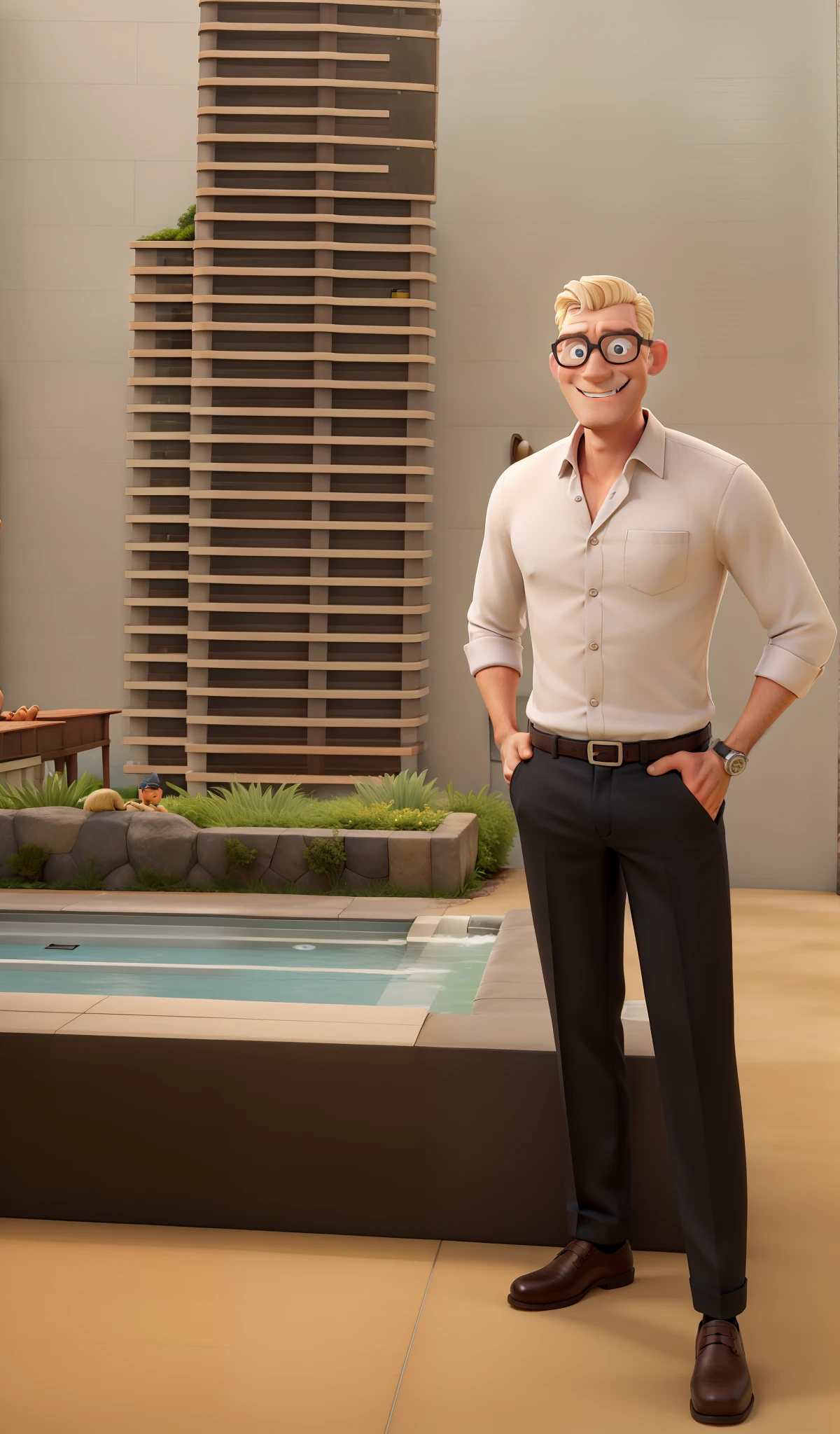 Create Disney Pixar Style Image of Tall Nordic Man, forte, pele rosada, Short hair back blonde, barba cinza bem Clarinha, round black watch, camisa de manga comprida, dress pants and dress shoes. man is smiling, Wearing sunglasses, Holding a cell phone in one hand and thumbing up with the other hand.Eata standing in front of a Disney mansion with a pool and with a for sale sign stuck in the grass
