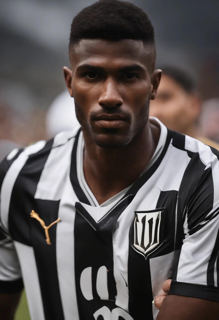 um jogador de futebol partindo para o gol com a bola uniforme preto e branco com listras verticais do Botafogo, Chove no campo de jogo, It's raining, it's raining, it's been burning and the stadium's lawn has some craters, o jogador tem um cabelo curto preto com mexas loiras, White Smoke Lighting, 8k, UHD, [gelo, amador], Cinematic lighting, parte superior do corpo, Rosto altamente detalhado, fechar para cima, serious face, Villanious