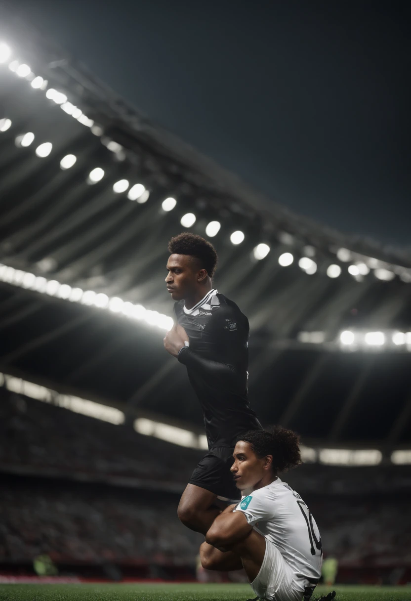 um jogador de futebol partindo para o gol com a bola uniforme preto e branco com listras verticais do Botafogo, Chove no campo de jogo, It's raining, it's raining, it's been burning and the stadium's lawn has some craters, o jogador tem um cabelo curto preto com mexas loiras, White Smoke Lighting, 8k, UHD, [gelo, amador], Cinematic lighting, parte superior do corpo, Rosto altamente detalhado, fechar para cima, serious face, Villanious
