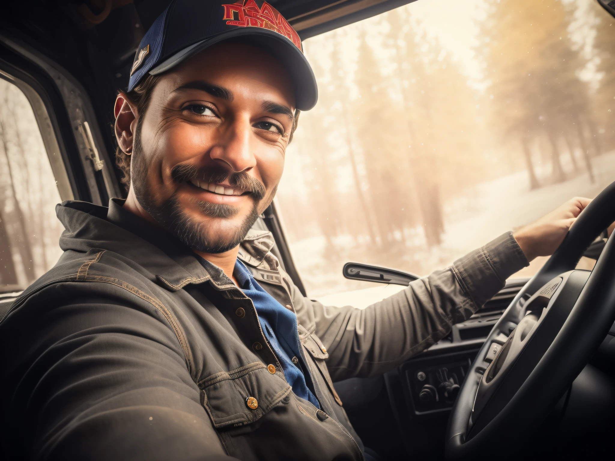 (highres:1.2)A truck driver, (male), (bearded) with a (handsome look), (smiling), wearing a (blue cap), is (celebrating Halloween), sitting in his (truck cab), (looking straight ahead). The atmosphere is (festive), with (skull makeup) on his face. The (color palette) is (vibrant and bold), with (contrasting colors) to emphasize the Halloween theme. The lighting is (soft and warm), creating a cozy and inviting ambiance inside the truck. The details on the truck and the driver are (ultra-detailed), showcasing the (shiny metallic) surfaces and the (weathered textures). The overall style of the artwork is (realistic), reflecting the (photorealistic) quality of an oil painting.