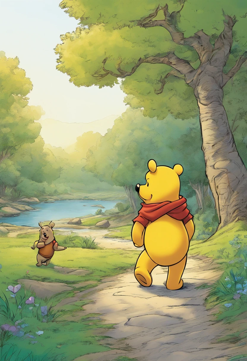 Illustration of Winnie the Pooh and his friends having fun playing hide and seek in the forest