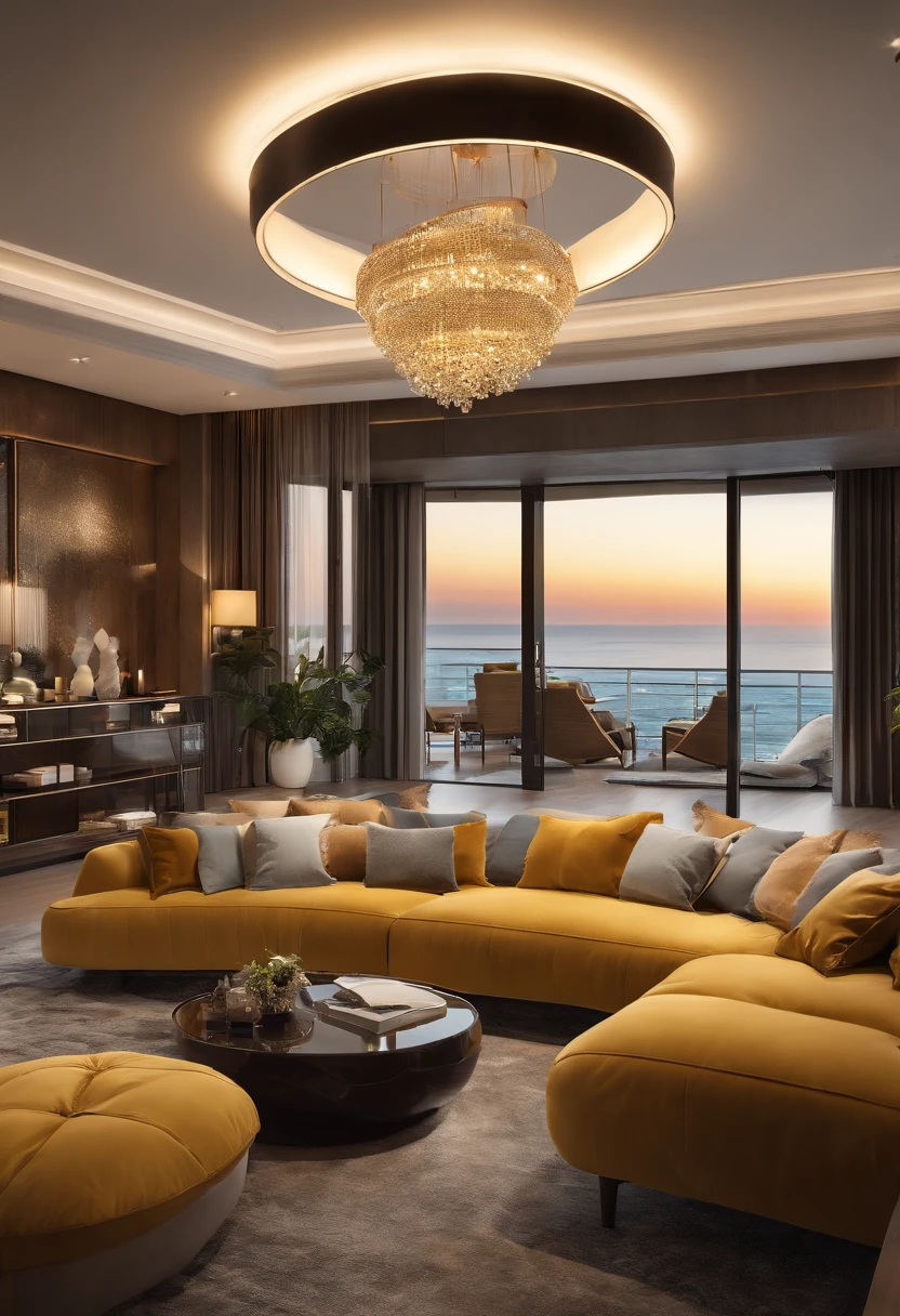 Interior decoration、Hardcover living room、Luxurious large sofa、Living room headlights、Large 70-inch TV、Extra-wide balcony、seaview