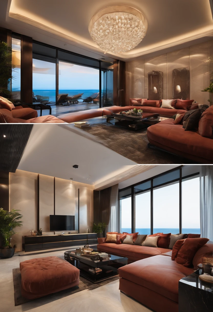 Interior decoration、Hardcover living room、Luxurious large sofa、Living room headlights、Large 70-inch TV、Extra-wide balcony、seaview