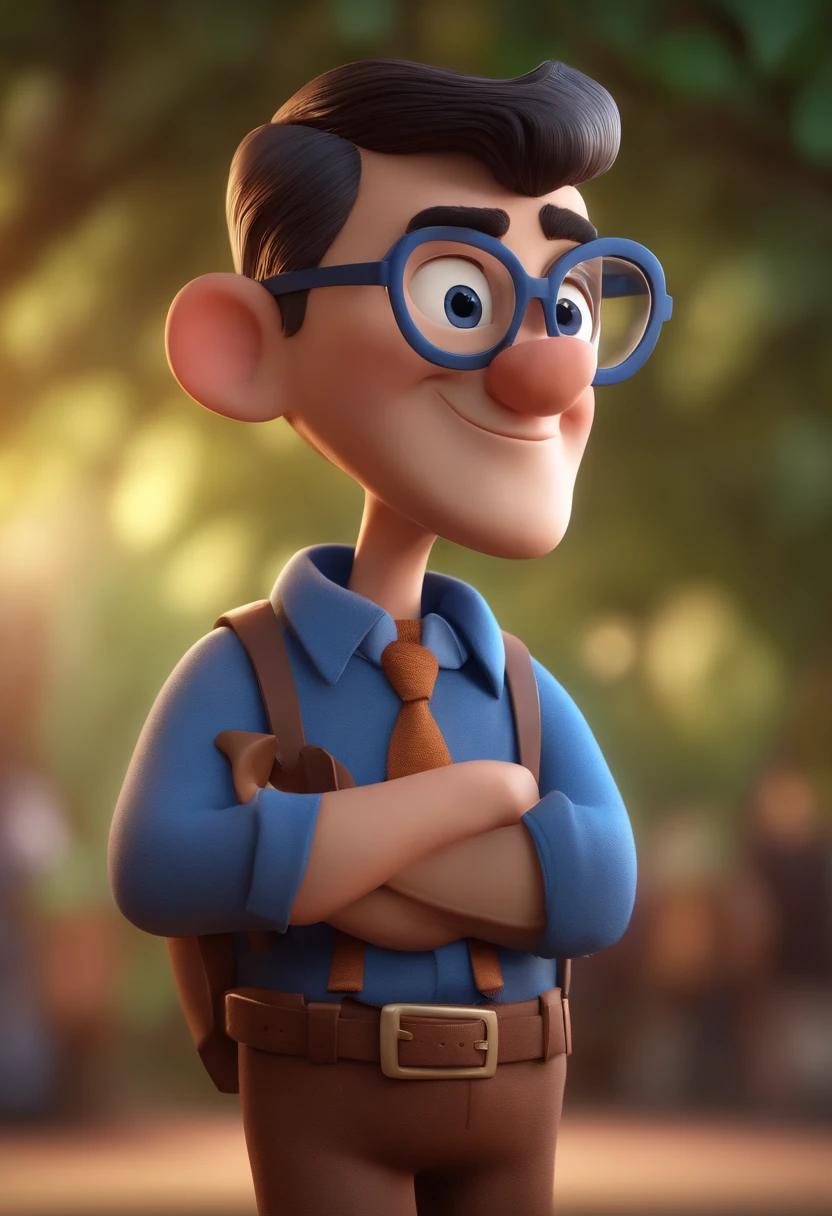 Cartoon character of a man with black glasses and a blue shirt, animation character, Caractere estilizado, animation style rendering, 3D estilizado, Arnold Maya render, 3 d render stylized, toon render keyshot, Personagem 3D, Personagem 3D, 3d rendering stylized, 3 d character render, personagem de desenho animado, Personagem de close up, Pose de personagem, (Estilo Pixar) (master part:1.2) (Bokeh) (best quality) (pele detalhada) (textura detalhada) (8k) (argila) (Cinematic lighting) (foco nítido