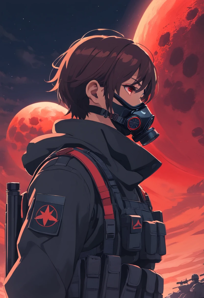 portrait of spec ops soldier scp complex, dark background, black uniform, gas mask, tactical equipment, red moon in the background, red moon, red moon behind the character,