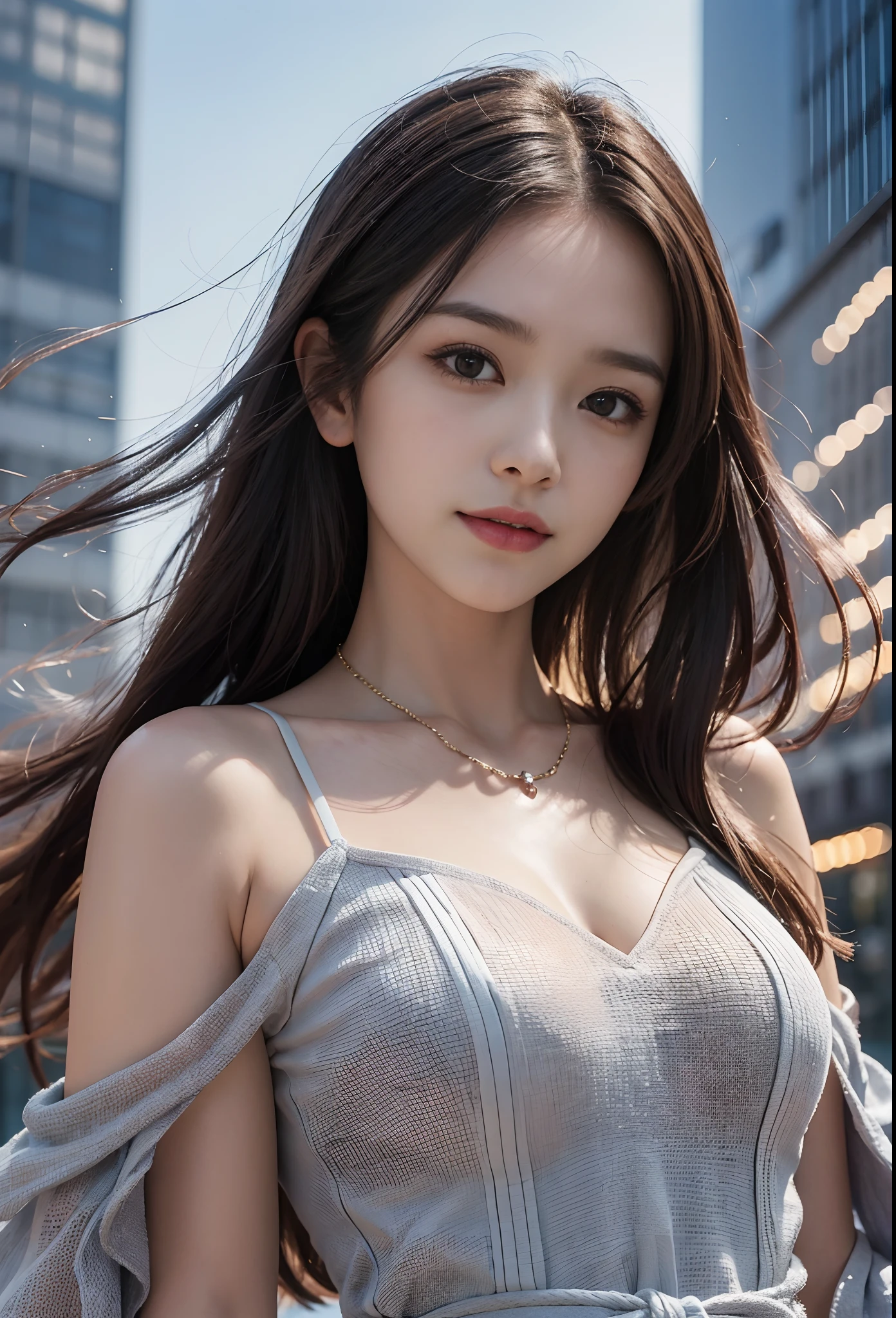 ((Girls at idle level)), ​masterpiece, The highest image quality, ultra-detailliert, (perfectbody:1.2), (Perfect face), Close up of, Viewer's Perspective, detailed hairs,ssmile、Detailed eyes(realisticeyes),profetional lighting,middlebreasts,(Brown eyes),(Cool Dresses),Casual wear,((Smooth long hair)),((Lustrous and beautiful hair)),Excellent style,ssmile,a necklace,耳Nipple Ring,middlebreasts,(The background is the square under the Tokyo Sky Tree),profetional lighting,dynamic shadow,well-muscled,thin arm,