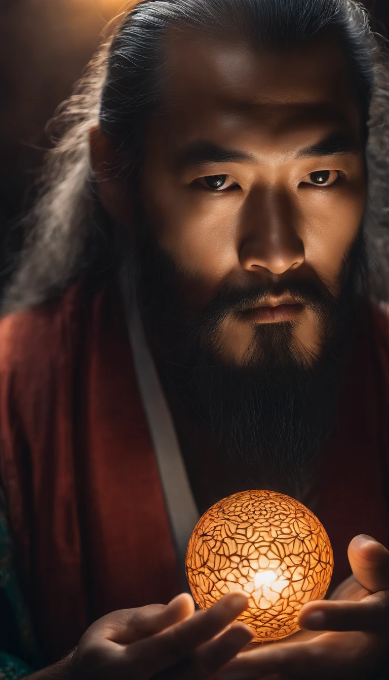 Close-up of 30-year-old middle-aged Asian man,Holding a glowing ball in his hand,The long, Whtie hair,Langasa beard,Sit cross-legged and meditate to ignite the aura of magic around you,Taoist master,Taoist