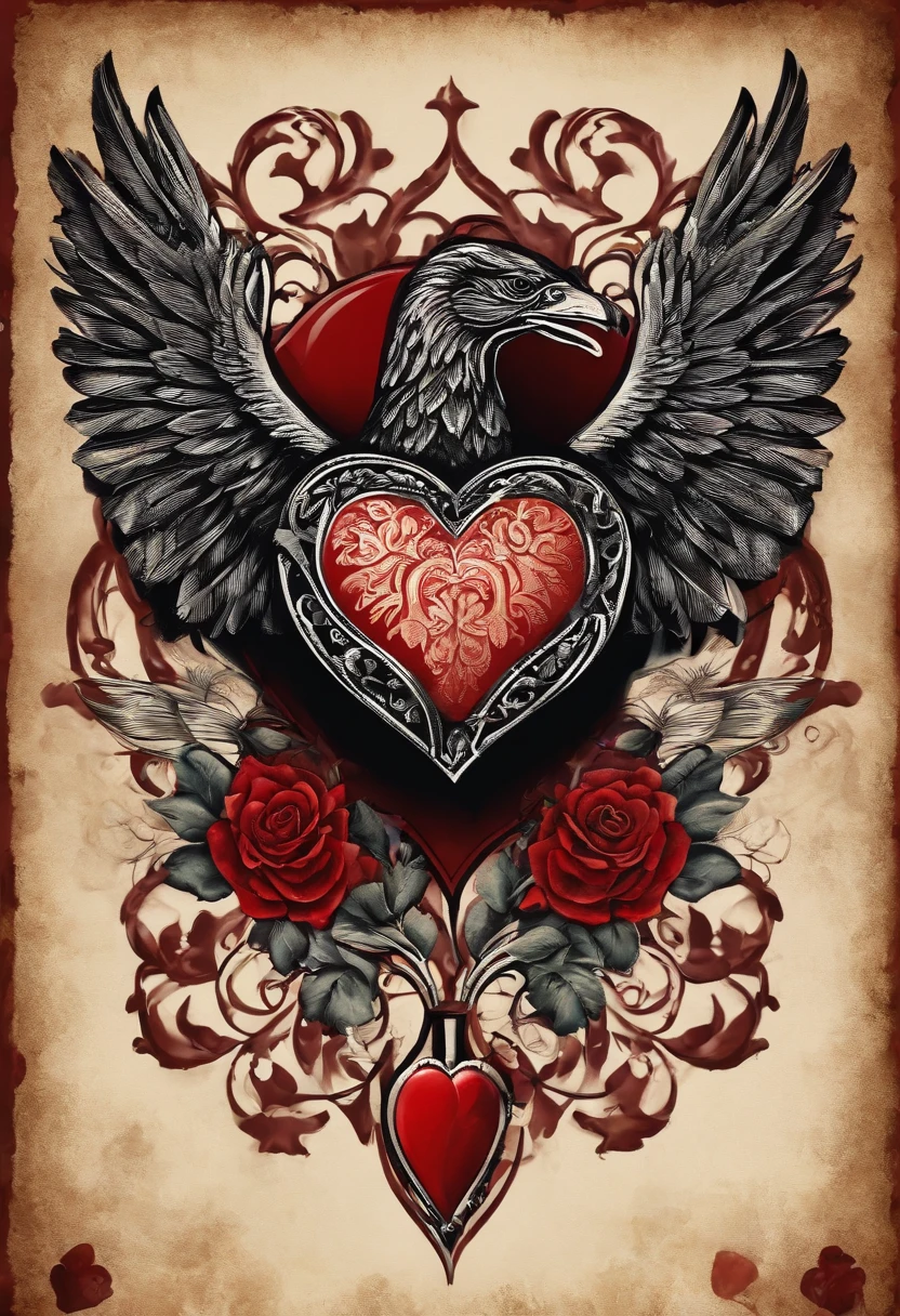 Black and red tattoo with a winged heart and a punhl behind the broken heart vintage style in the 60's