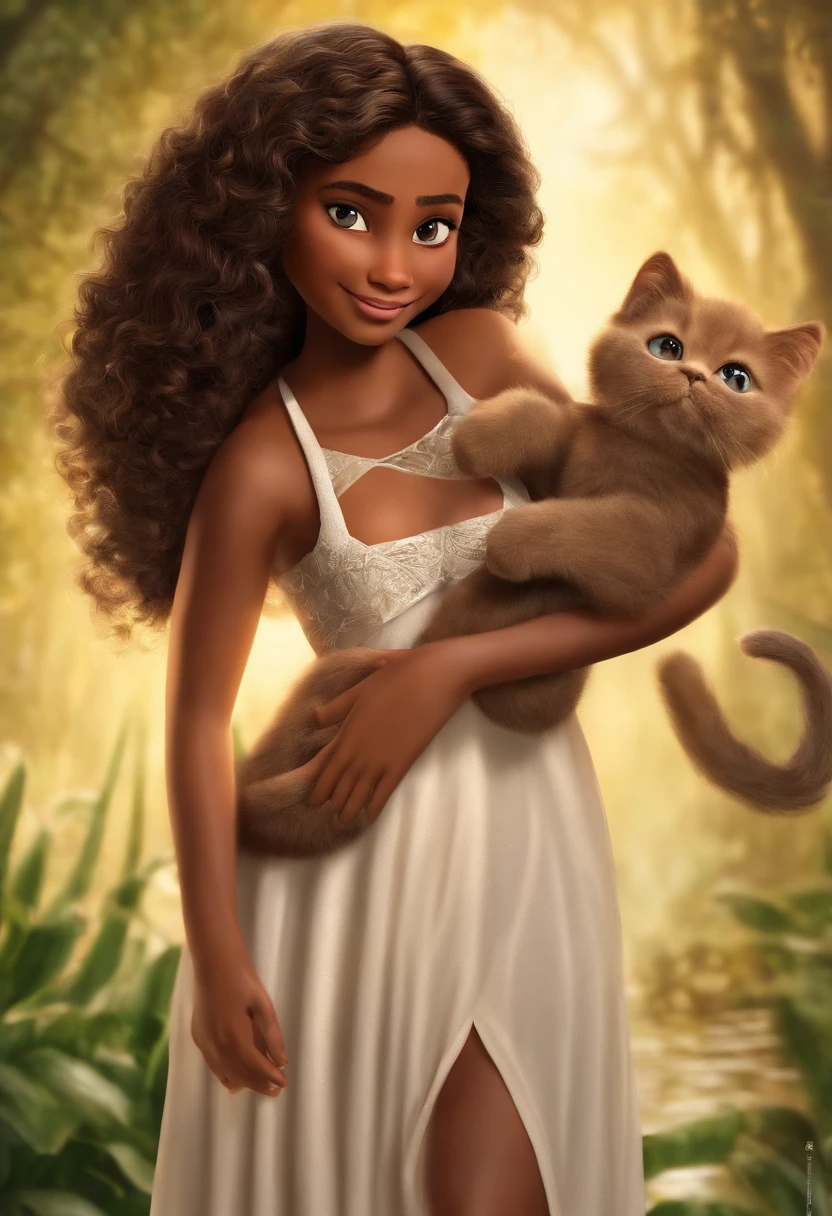 Image of a 10-year-old girl inspired by Pixar who is manipulating infusions. The character is a medium-toned brown-skinned Brazilian woman, tem cabelos longos com franja, de olhos e cabelos castanho, Stand out with captivating facial expressions, celebra o dia das bruxas, She is accompanied by two cats, one black and one white.