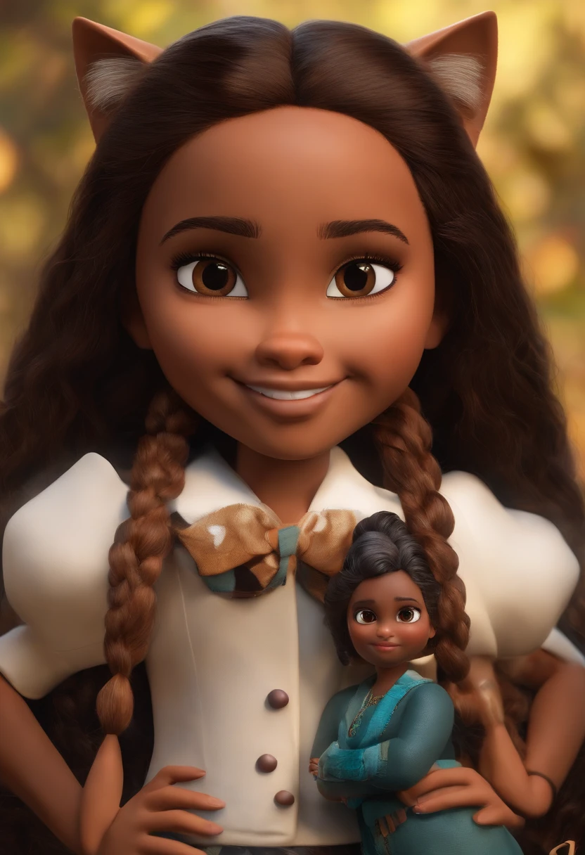 Image of a -yeld giinspired by Pixar who is manipulating infusions. The character is a medium-toned brown-skinned Brazilian woman, tem cabelos longos com franja, de olhos e cabelos castanho, Stand out with captivating facial expressions, celebra o dia das bruxas, She is accompanied by two cats, one black and one white.