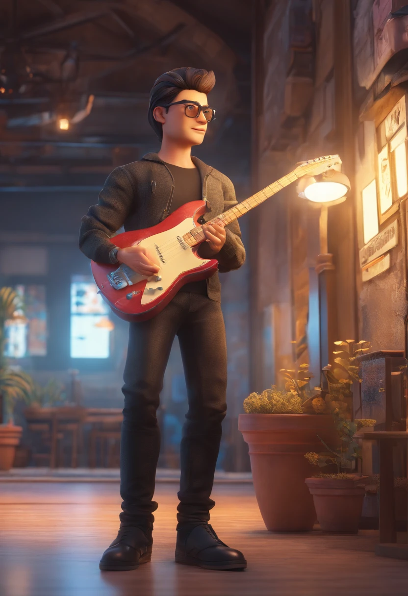 A Standing Man Playing Guitar In Black T-Shirt With Long Sleeve Turtleneck, Beige trousers with side pocket, white sneakers, sorridente, cabelos pretos e cacheados, Wearing Round Iron Glasses, orelhas pequenas, Estilo Disney Pixar, alta qualidade, Melhor qualidade 4K