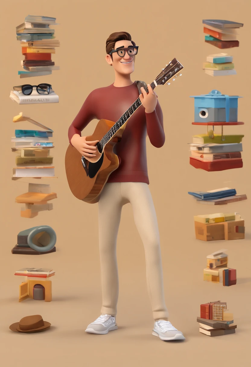 A Standing Man Playing Guitar In Black T-Shirt With Long Sleeve Turtleneck, Beige trousers with side pocket, white sneakers, sorridente, cabelos pretos e cacheados, Wearing Round Iron Glasses, orelhas pequenas, Estilo Disney Pixar, alta qualidade, Melhor qualidade 4K