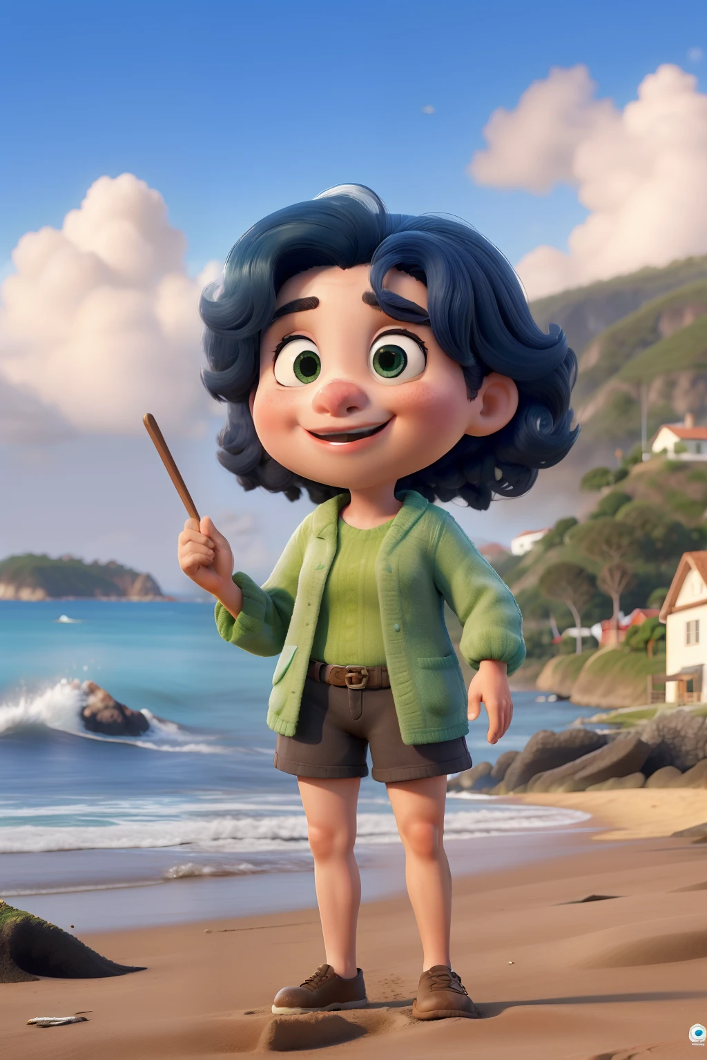 Obra-prima, de melhor qualidade, um senhor de bigode, loiro, olhos azuis, cerca de 60 anos, segura no colo uma de 5 anos, olhos verdes e cabelo castanho claro cacheado, Standing on the beach in front of the sea