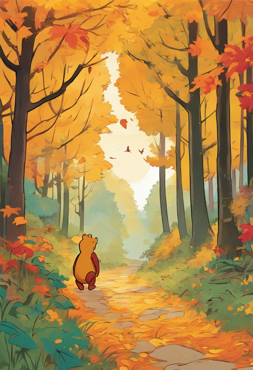 Winnie The Pooh, walking through a fall scene