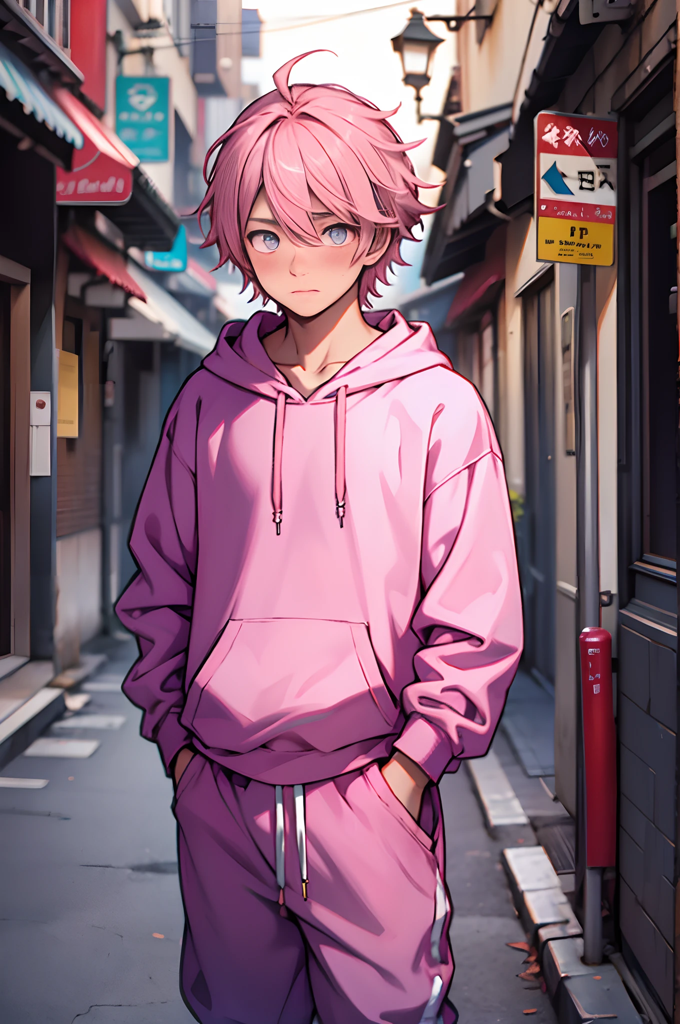1 boy, young, delicate, light pink hair and eyes, wearing a pink hoodie and baggy pants, blushing, shy look