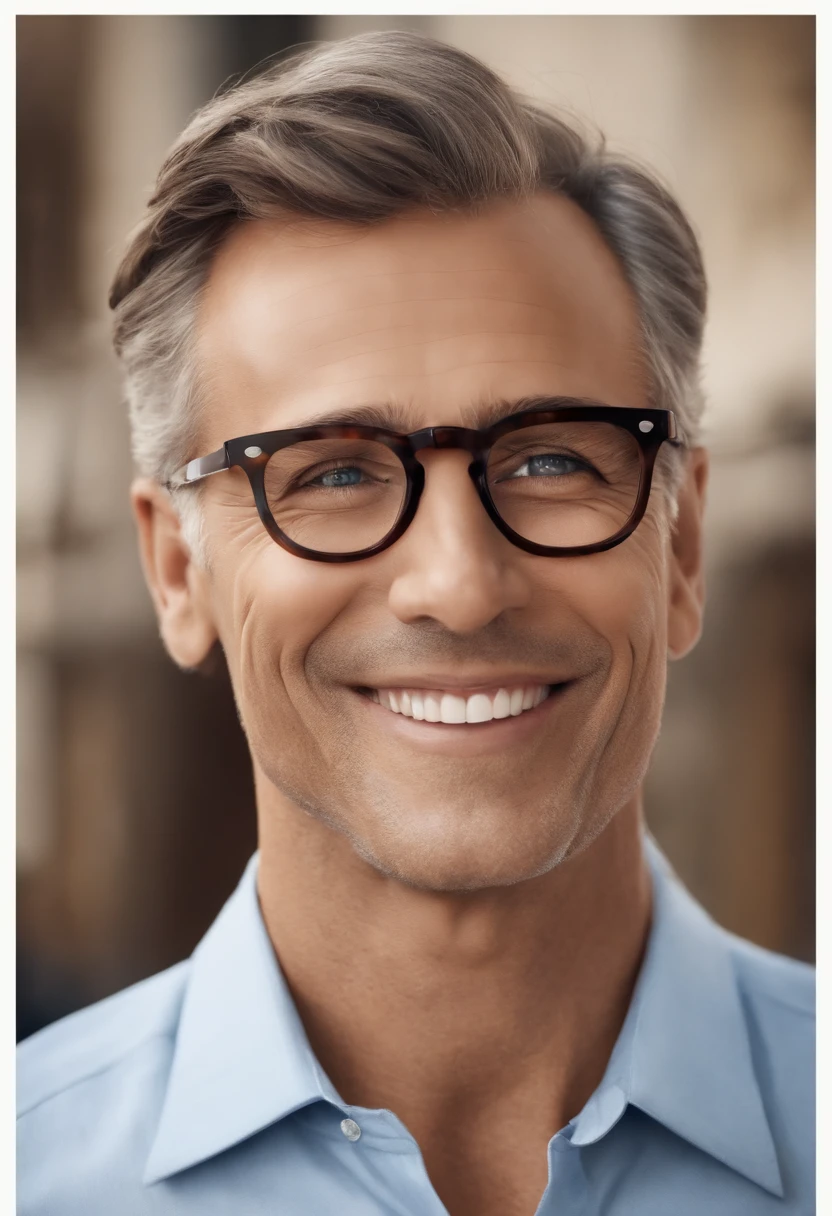 Homem 40 anos, cabelos castanhos curtos baixo e meio arrepiado, olhos castanhos, long eyeslashes, sorriso discreto, camisa azul claro, Dress pants, Prescription Glasses, no trabalho em hospital administrativo, inspired by Pixar animation, de perto.