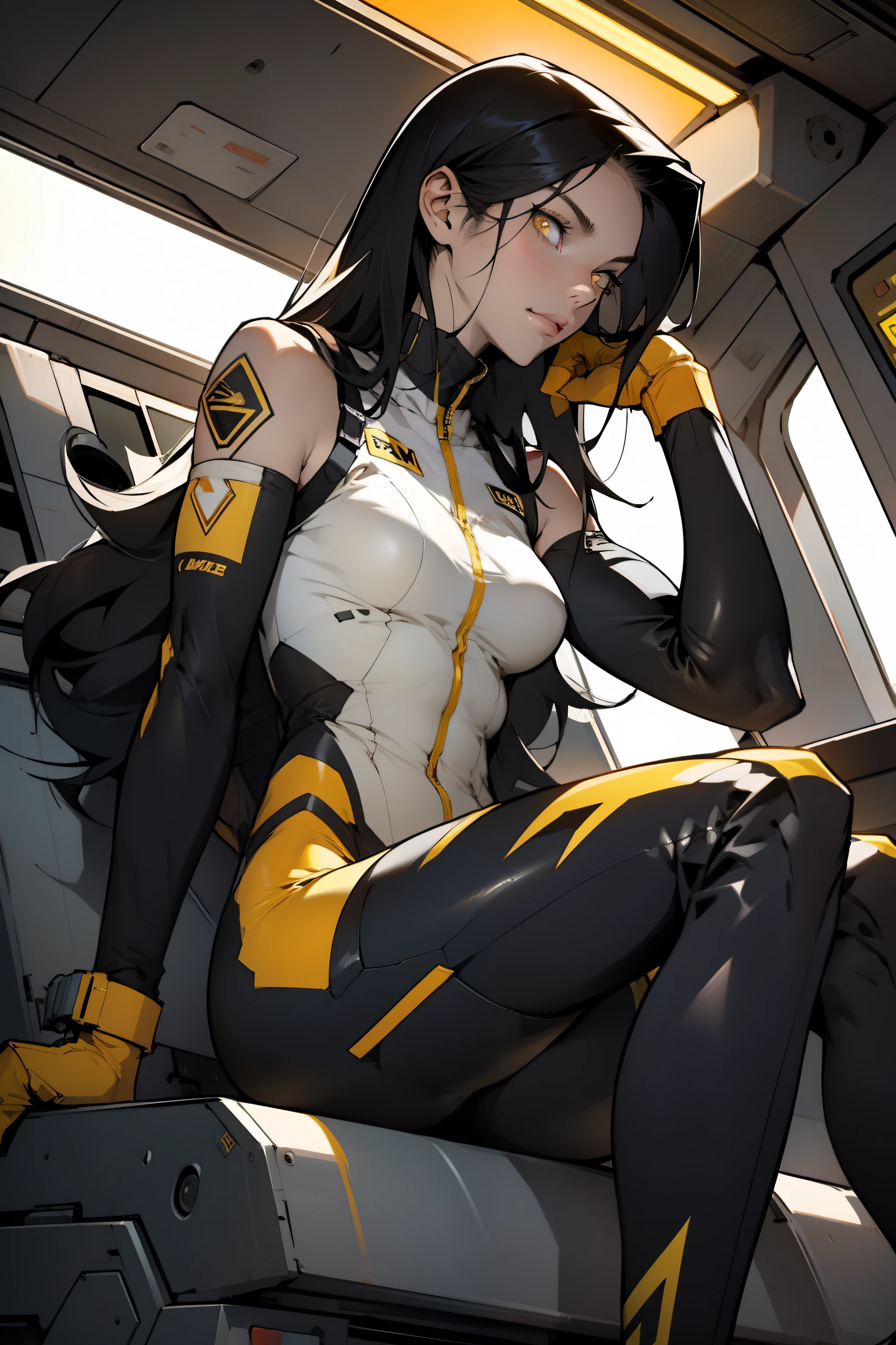 1 girl, black hair, yellow eyes, very long hair, pale skin, fit body, slender body, slim waist, large breasts, (confident expression), pilot suit, thigh gap, bare thighs, sleeveless, show bare legs, fit thighs, sitting in a cockpit