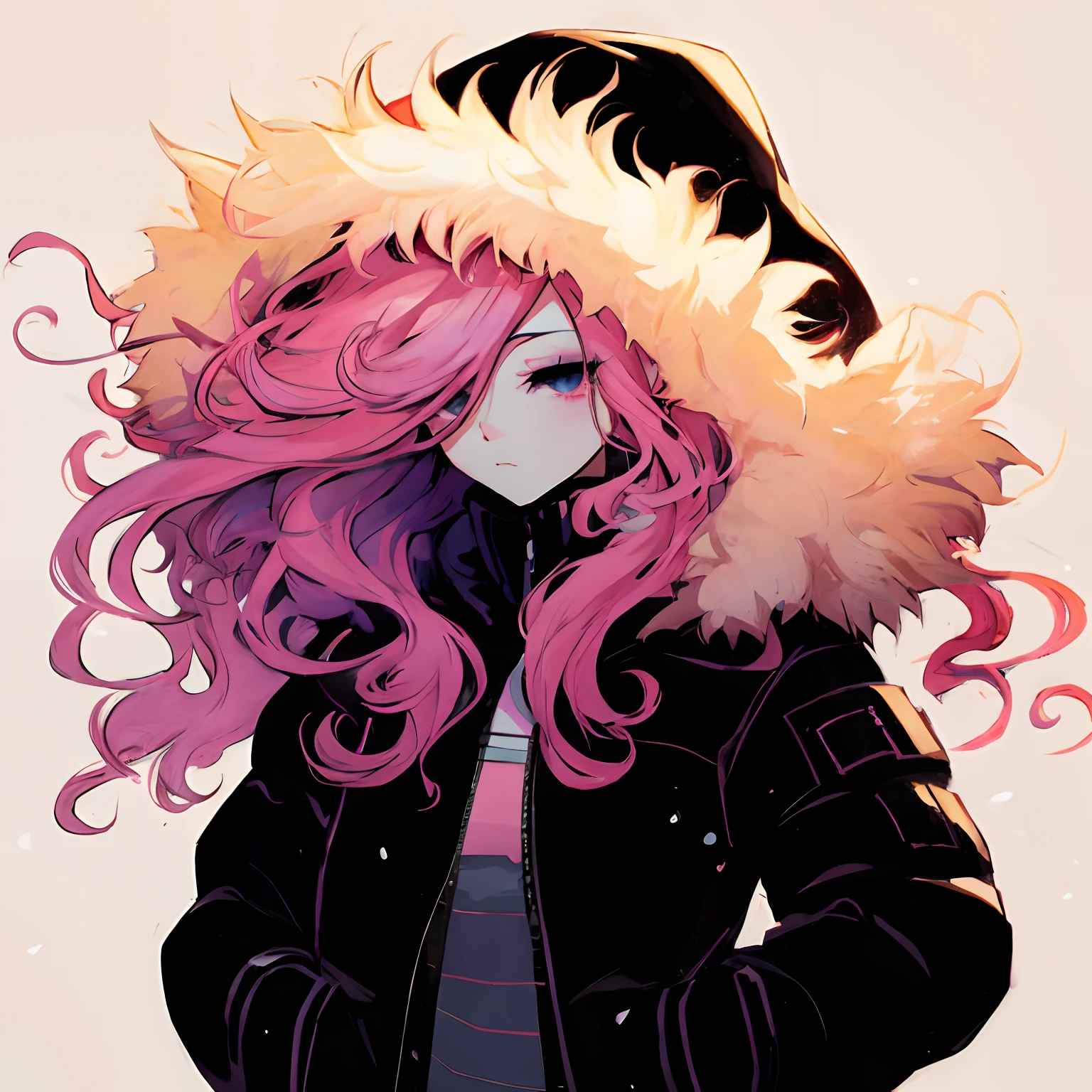 anime girl with pink hair and a black jacket, amy sol in the style of, beautiful anime art style, heavy winter aesthetics, anime style illustration, digital art from danganronpa, inspired by amy sol, anime art style, artwork in the style of guweiz, jen bartel, junko enoshima from danganronpa, (anime girl)