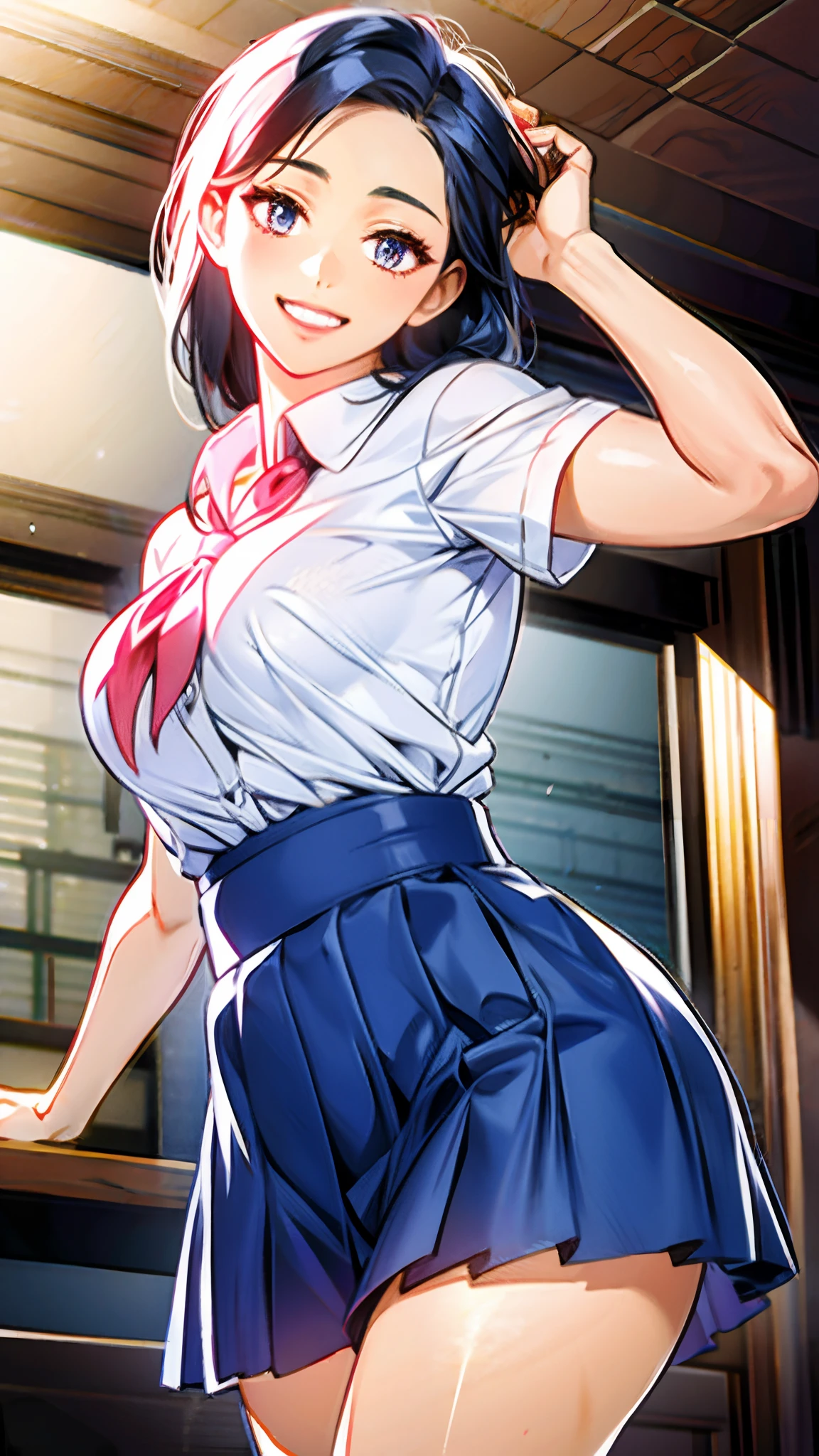 Alafed asian woman in short skirt and white shirt, surreal schoolgirl, cute schoolgirl, surreal schoolgirl, Japan girl uniform, realistic schoolgirl, JK school uniform, girl portrait, cute face with arms and legs, Seifuku, Sakimi-chan, cute core, realistic young gravure idol, high school girl posing, cute smile, cute pants, 🤤