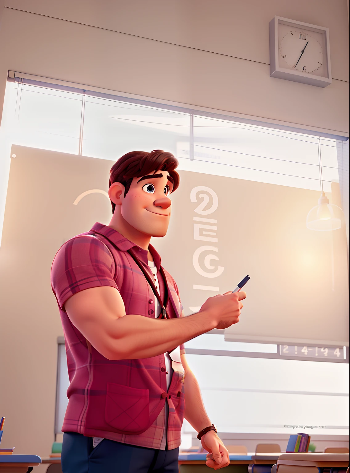A disney Pixar very handsome teacher. Inside a classroom , with good lighting and captivating.