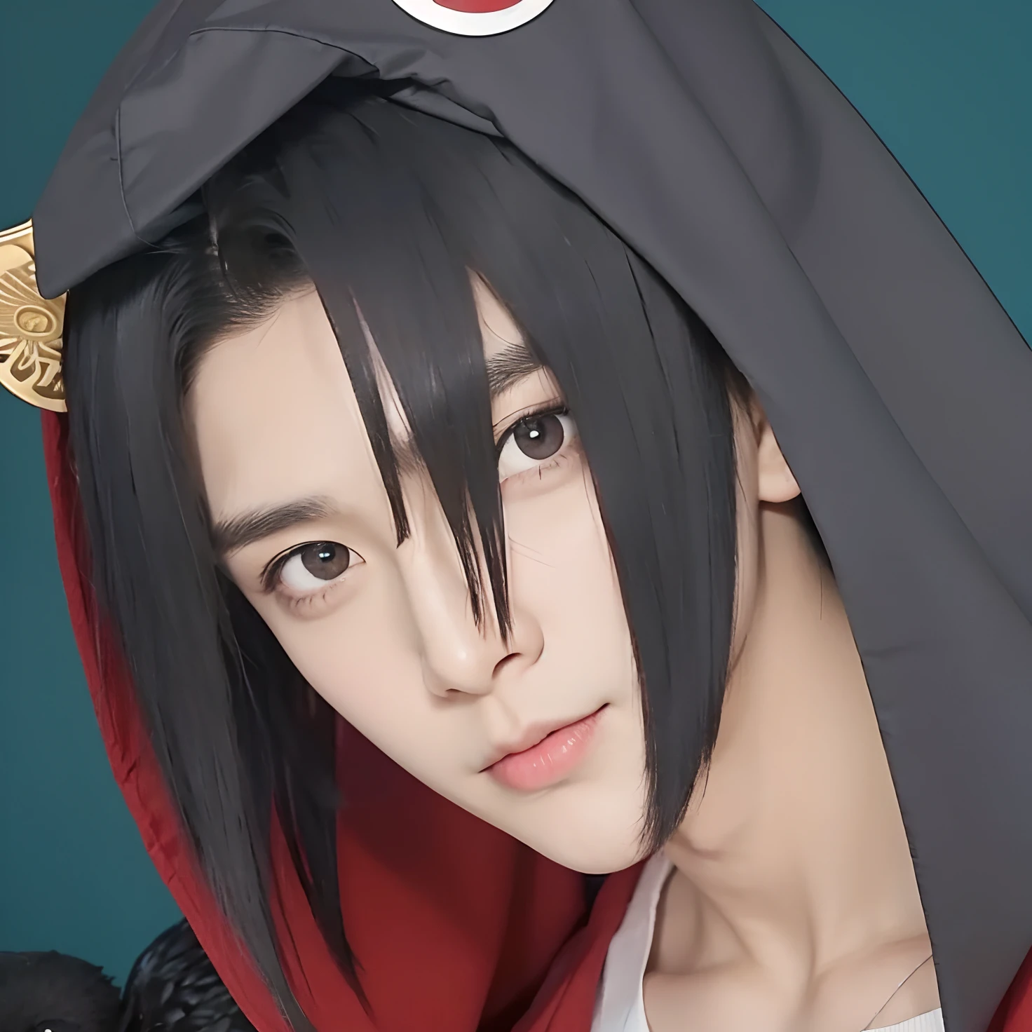 A man with realistic black hair, realistic Korean handsome face, realistic cool expression,His eyes look at the camera realistically, wearing a realistic crow costume, adapting the exact same clothes,Realistic light, realistic shadows, realistic background