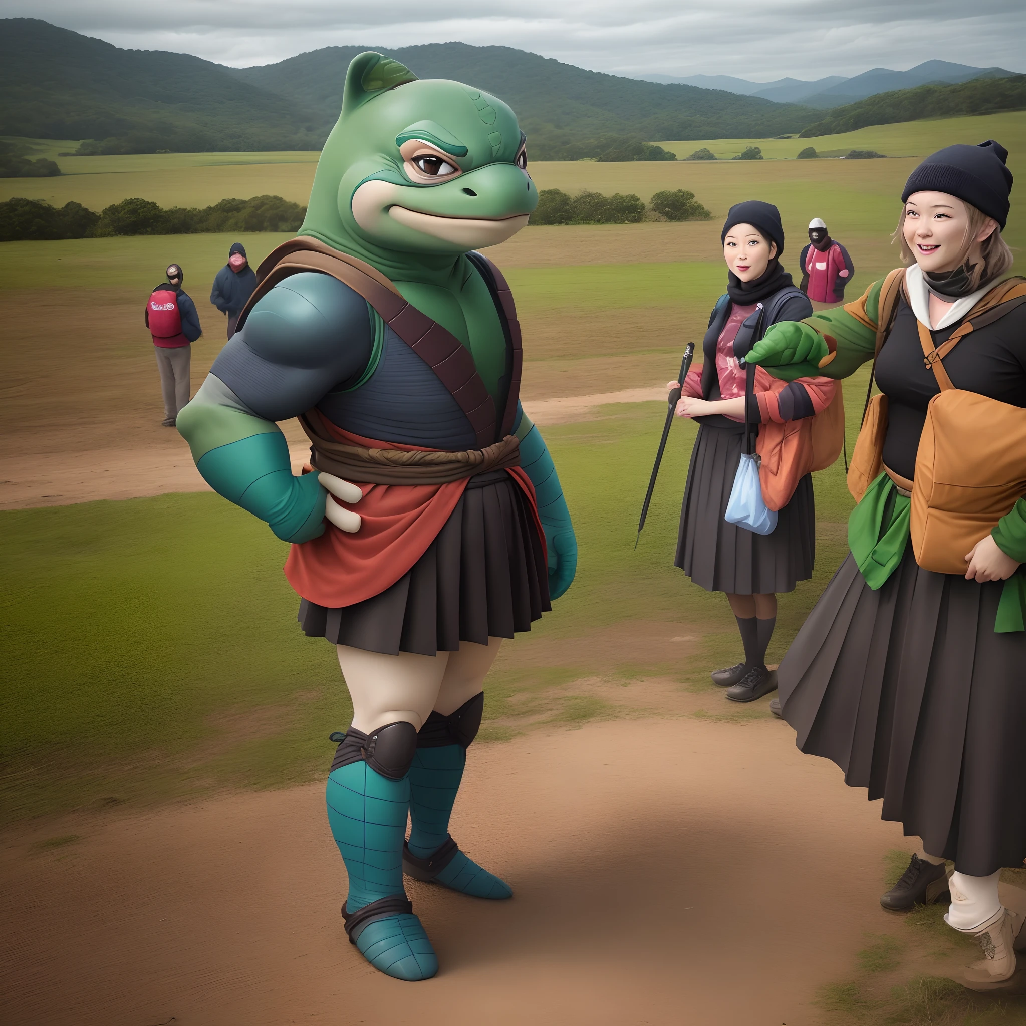 Ninja turtle in skirt in the northeastern hinterland. Durante o dia. Clima seco. Surrounding audience.