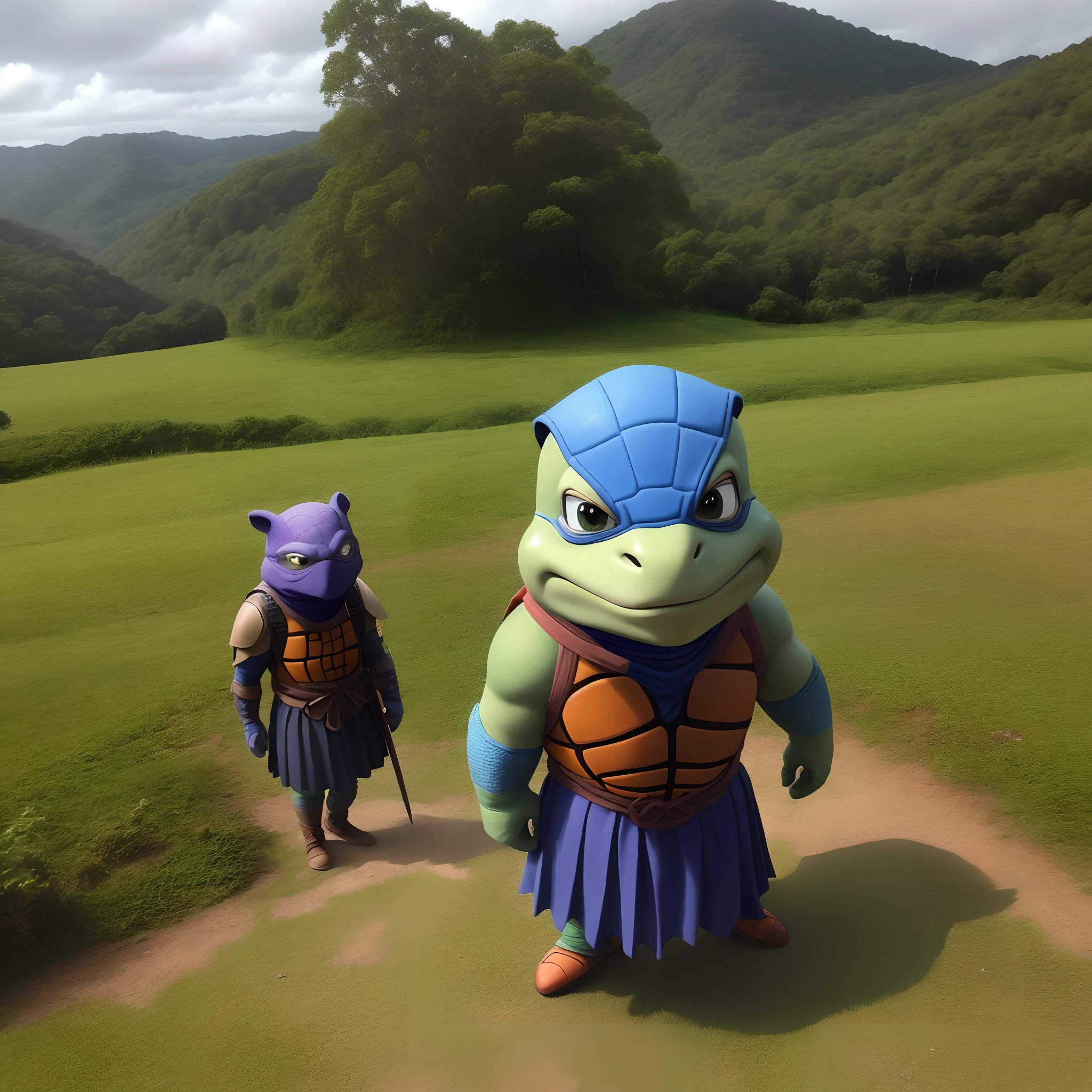 Ninja turtle in skirt in the northeastern hinterland. Durante o dia. Clima seco. Surrounding audience.