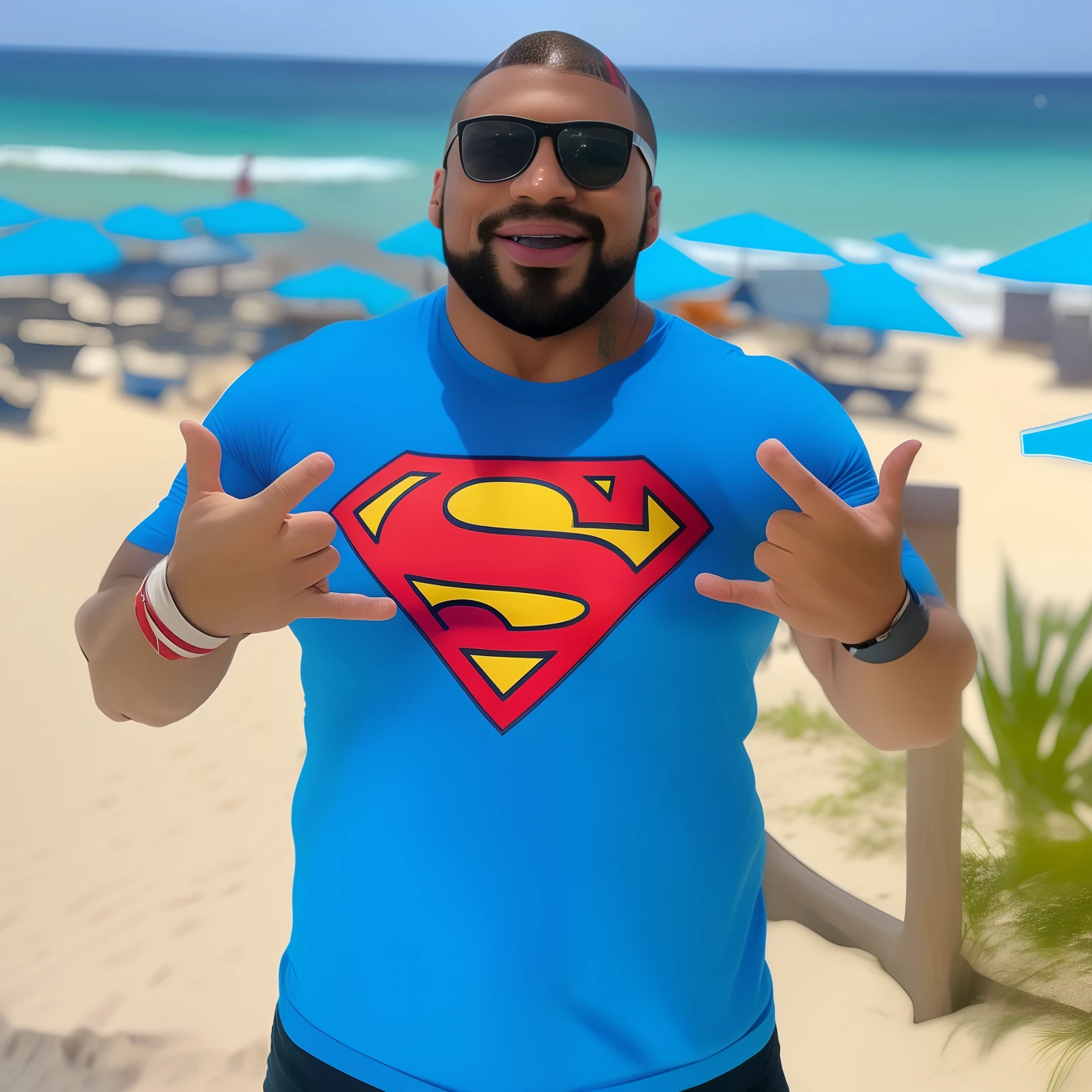 Homem Arafed em uma T Superman - Camisa em uma praia, puerto rican super hero, pose do super-homem, Superman emergindo do sol, Super-homem, lucas graziano, superman is high, Abrace o Superego, Dwayne Johnson como Superman, Gabe Newell como um Superman, inspirado em Nathan Oliveira, florida man, posing like a superhero, Dan dos Santos