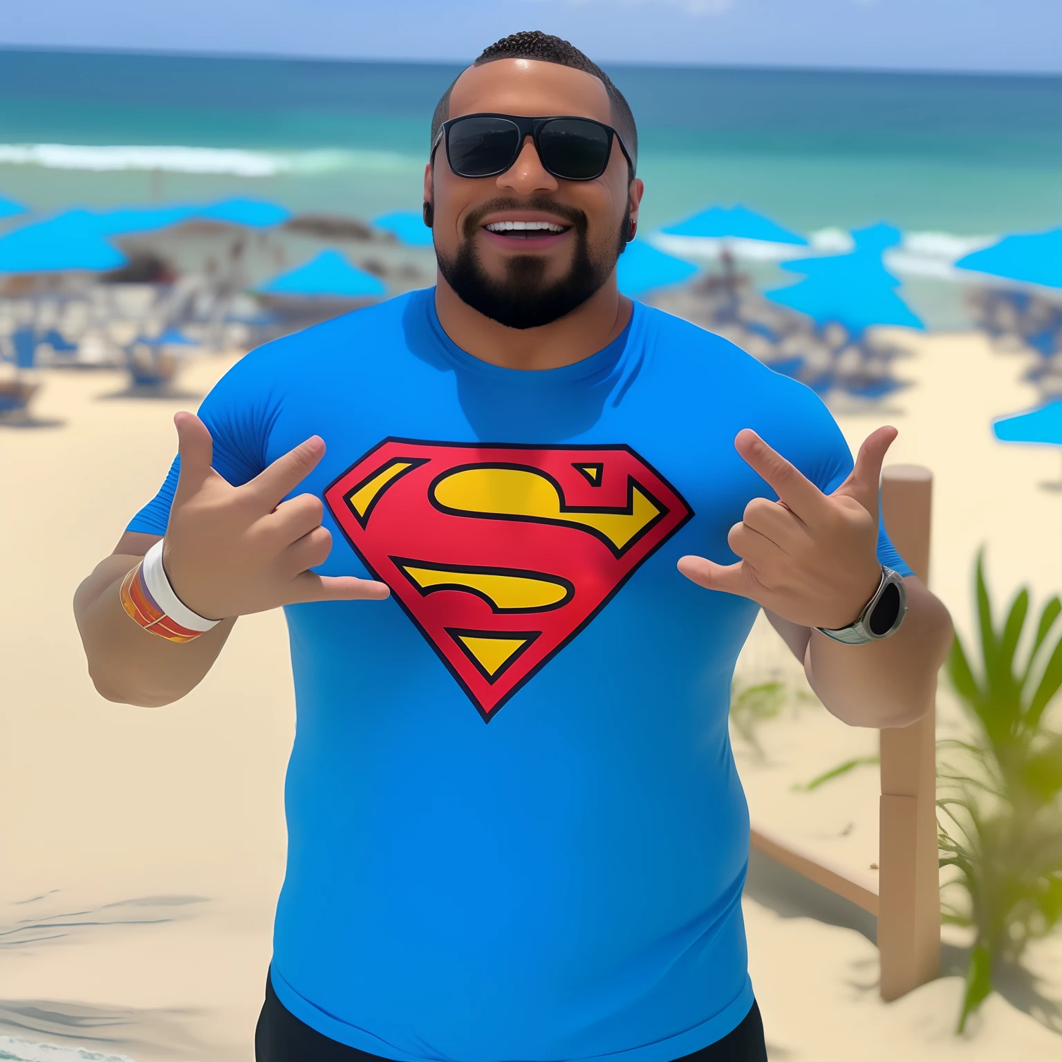 Homem Arafed em uma T Superman - Camisa em uma praia, puerto rican super hero, pose do super-homem, Superman emergindo do sol, Super-homem, lucas graziano, superman is high, Abrace o Superego, Dwayne Johnson como Superman, Gabe Newell como um Superman, inspirado em Nathan Oliveira, florida man, posing like a superhero, Dan dos Santos