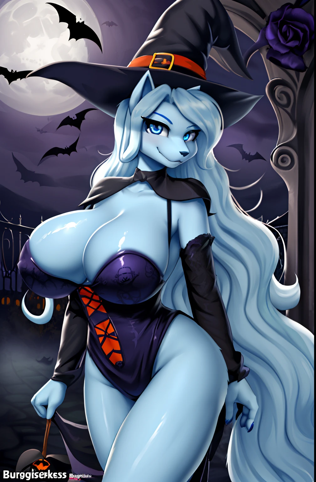 1girl (Made by Burgerkiss), Alolan Ninetales, ((solo)), ((big and firm breasts, antrum, extremely detailed, extremely detailed legs, extremely detailed arms, extremely detailed face, perfectly detailed eyes, perfectly detailed anatomy)), looking at viewer, (Haunted mansion), (Wearing a witch Halloween costume)