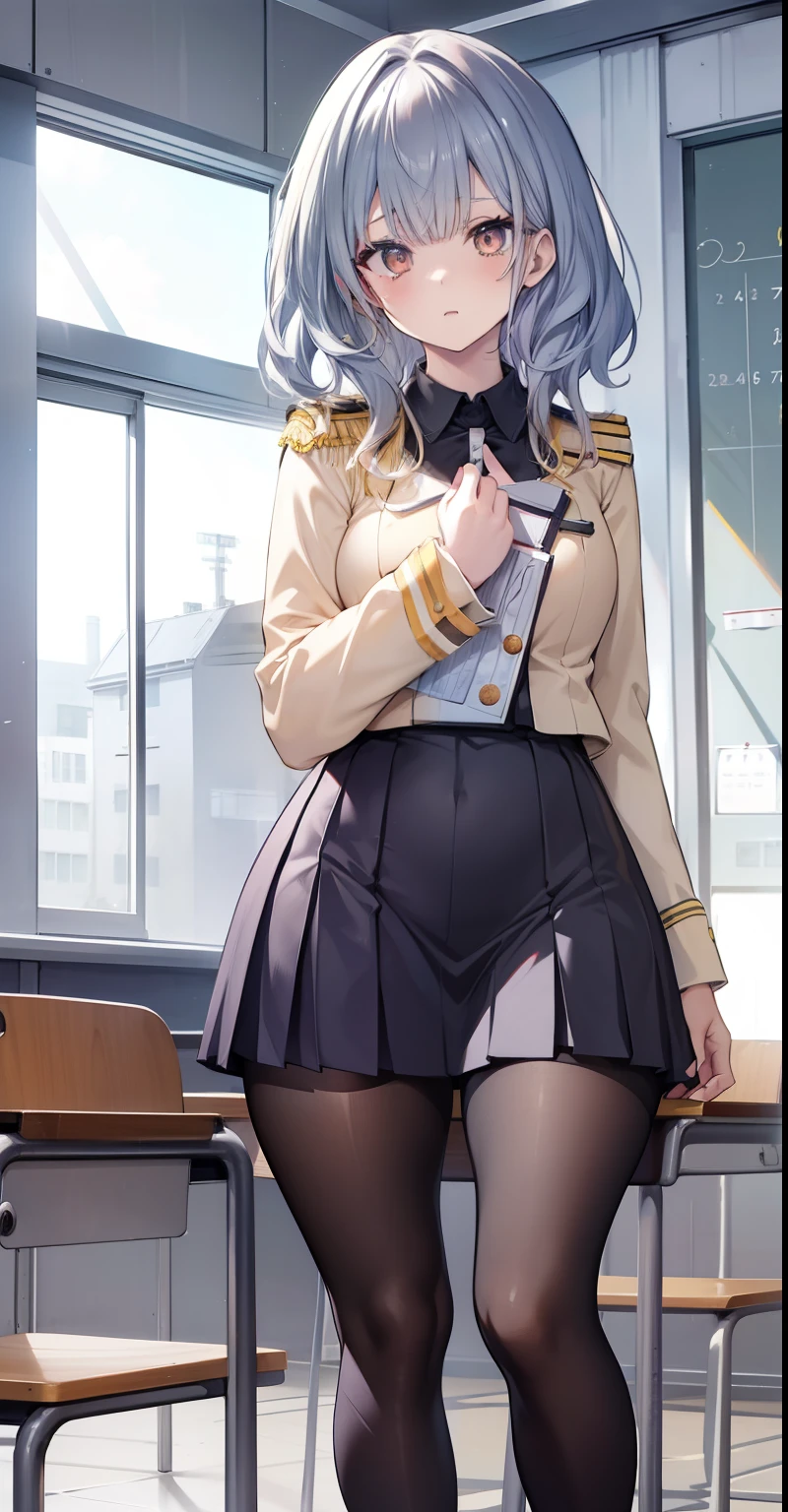 Anime girl in a school uniform, yellow hair, curly hair, short fur, shoulder-length hair, {{silver eyes}}, round eyes, {{dark red blazer}}, (thick legs), (thick thighs), black skirt, tight tights, standing, Detention Book, Classroom History, Tables, Chairs