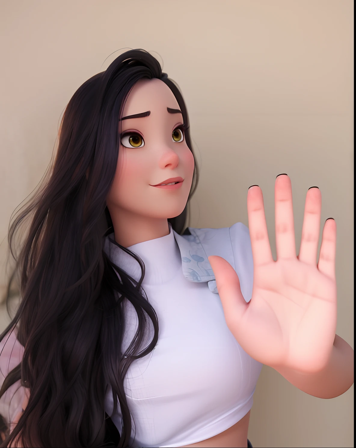 Um close up de uma mulher com uma camisa branca e um fundo branco, retrato uma mulher como mulan , com cabelo escuro e longo, morena, brasileira, jovem, Disney pixel melhor qualidade