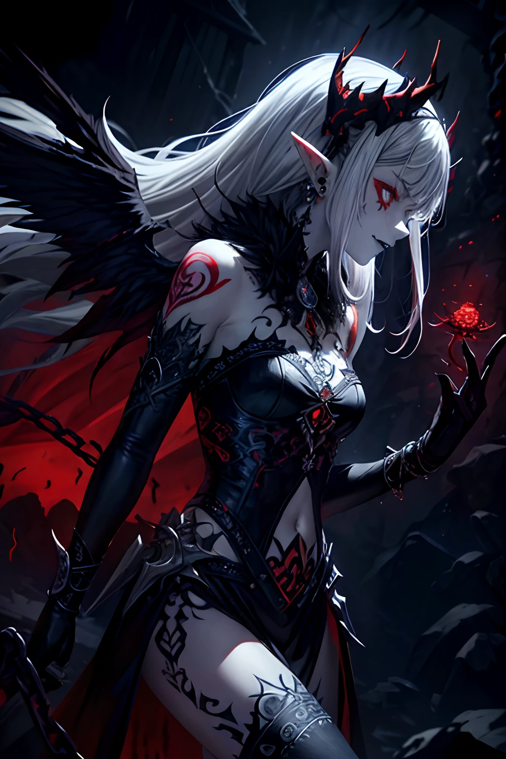 ((best quality)), ((masterpiece)), (detailed), 1girl, Character design, female, dynamic poses, long white grey hair, grey white eyes, very skinny, detailed, best quality, no accesoires around the neck, no shoes, prominent collarbones, skinny arms, flat stomach, visible hip bones, full body, blank white background, plain background, white background, red and white clothing, Bloodborne inspired, occult aesthetic, occult, detailed and intricate steampunk and detailed gothic, NSFW, Very dramatic and cinematic lighting, cosmic horror, grim-dark, side-lighting, perfect face, NSFW, Fluttering lace flared long knee length dress with frilly petticoats, knee length dress, pleated petticoats, petticoats gothic, complex lace boots, side-lighting, gothic aesthetic, wielding a mighty sword with mechanical components, mandalas, small breasts, a fairy, various different types of insect wings, NSFW, full body, whole body, body, plain background, white background, blank background, no background, white background NSFW, chains, full body, whole body, head-to-toe NSFW