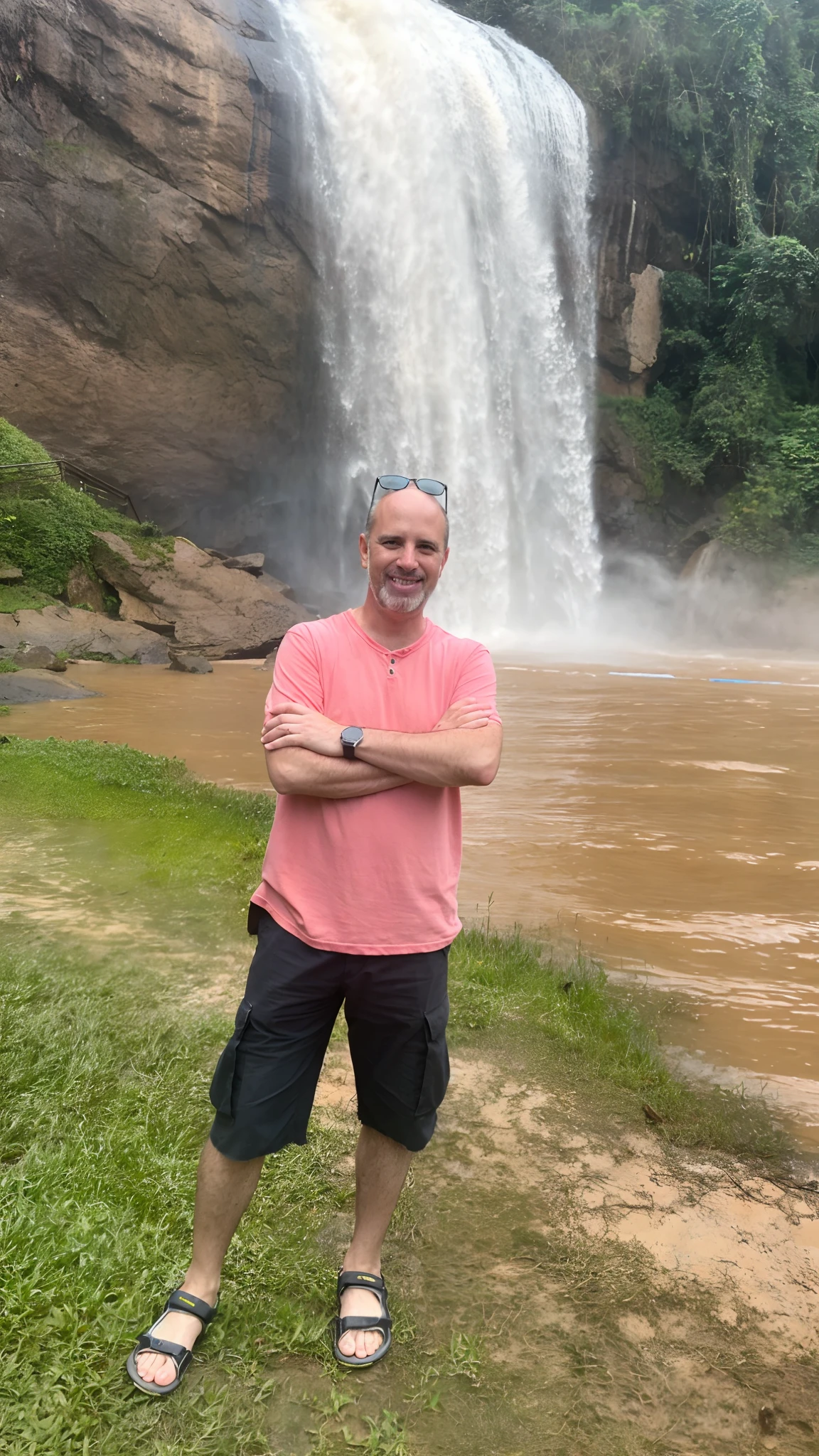 Arafed man standing in front of a waterfall in a lush green field, em frente a uma cachoeira, standing near a waterfall, Standing in a waterfall, ao lado de uma cachoeira, cachoeiras ao fundo, cachoeira ao fundo, standing inside a waterfall, cachoeira no fundo, com cachoeiras, standing next to water, com uma cachoeira