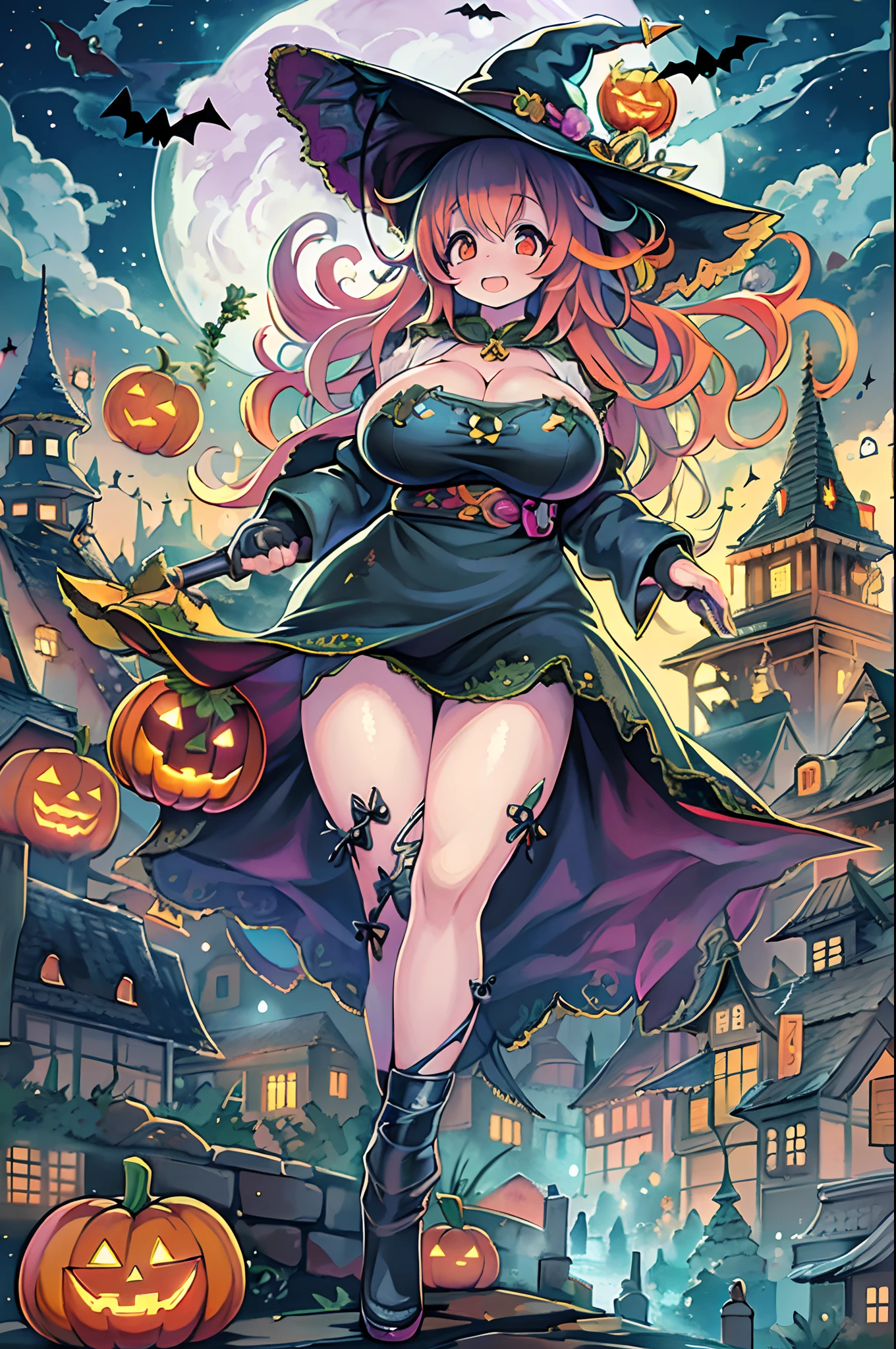 masutepiece,Charming Halloween Witches, Random coloring,2D, planar vector, T-shirt design, Colorful splashes, Fantasy Art, Watercolor effect,Digital Painting, white bg, 8K、night cityscape,bbw,Anime style、huge-breasted、BBW