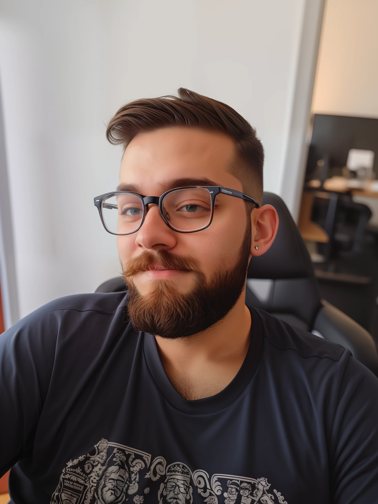 A man with glasses and beard sitting on a chair, Streamer do Twitch / Jogador Ludwig, with nerdy glasses and full beard, estilo Disney pixar