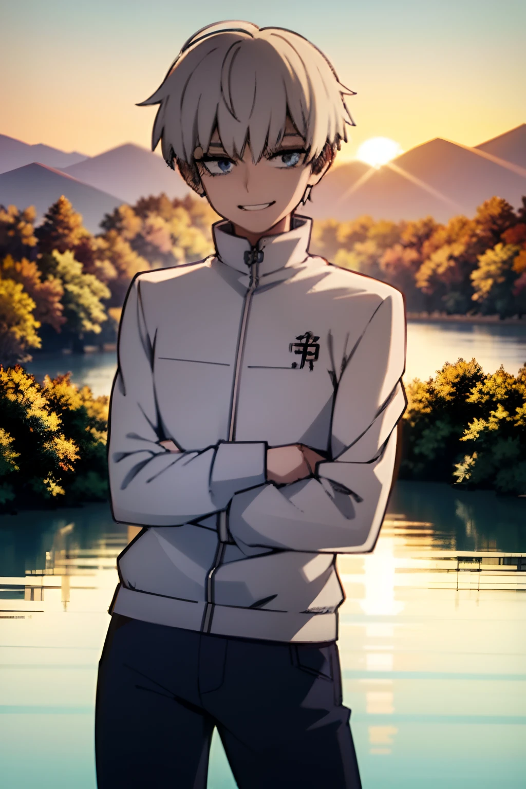 young man, white hair, wearing aerican academy white jacket, in a chinese garden, smiling, blue eyes, 4k, chinese trees behind, sunset, lake in the background, full HD, best quality