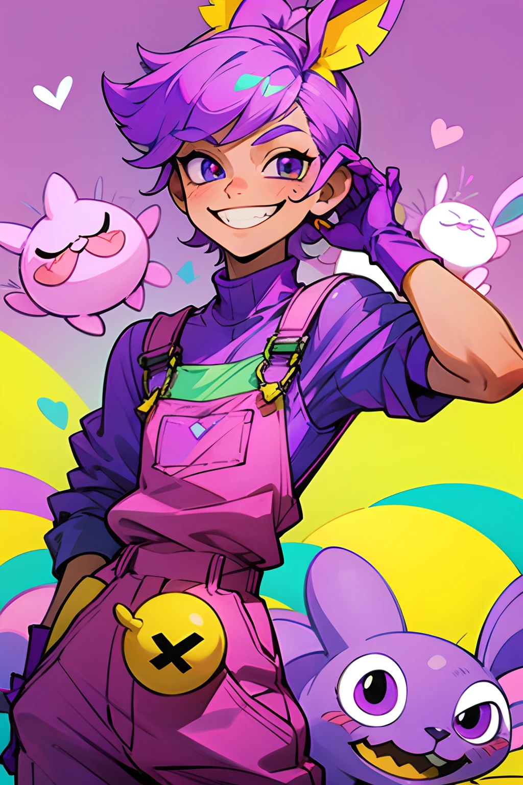kpop boy wearing a soft purple turtle neck outfit, with a pink fuchsia-colored overalls , yellow gloves, smile with teeth, purple rabbit ear, smirk rizz face, attractive pose cannot be ressist